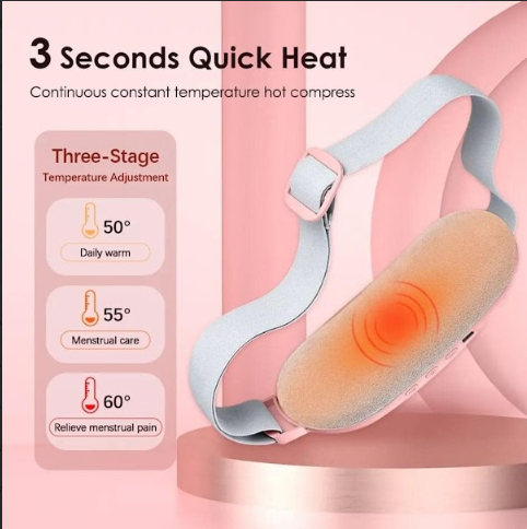 Especificaciones técnicas del cinturón térmico: 4 velocidades de masaje, temperaturas 50-60°C, batería recargable